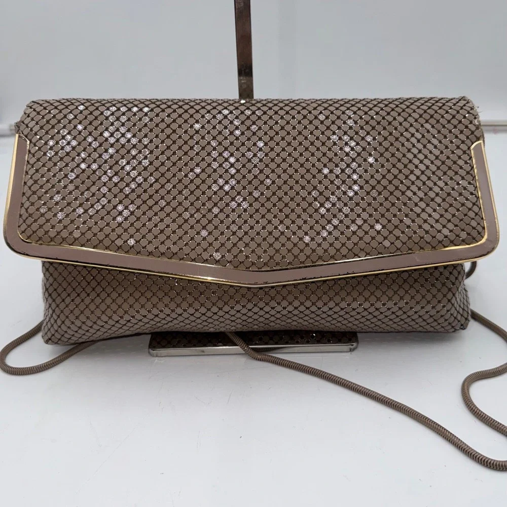 Pelle Italia Vintage Mesh Clutch Handbag Taupe Gold Chain Strap Evening Bag